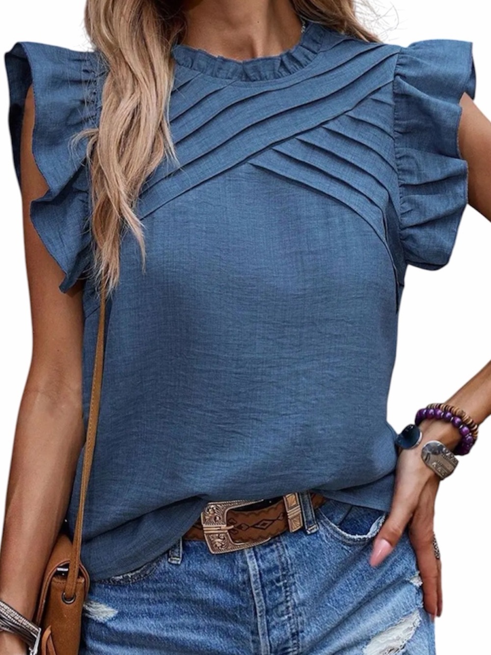 SHEIN Blue Ruffled Sleeve Pintuck Front Top